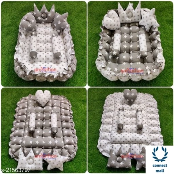 Pink Unique Newborn Baby Round Tub Bedding Set, Reversible Bed Set Cum Mattress with 3 Multi Shape Pillows for Newborn to Toddlers ( Blue& Sky Blue) - Free Size, Grey & White